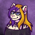 1:1 absurd_res anthro black_clothing black_eyewear black_shirt black_topwear blonde_hair blue_eyes clothing collar collar_lock eyewear felid female glasses hair hi_res highlights_(coloring) lock mammal nyla_(whitekitteh) pantherine purple_highlights roxxie_(artist) shirt solo tiger topwear trans_(lore) trans_woman_(lore)