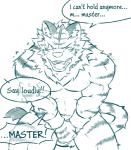 anthro blush bodily_fluids dialogue dominant english_text felid holding_crotch male mammal muscular muscular_male omorashi one_eye_closed open_mouth pantherine solo speech_bubble sweat tears text tiger urakata5x