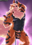 2022 abs anthro anthrofied arcanine armpit_hair beckoning bedroom_eyes biceps big_bulge big_muscles body_hair bulge canid canine chest_hair chest_tuft claws clothed clothing detailed_bulge eyebrows fangs finger_claws fur generation_1_pokemon genital_outline gesture hi_res kousen leg_tuft looking_at_viewer male mammal mane muscular muscular_anthro muscular_male narrowed_eyes navel nintendo nipples obliques pawpads pecs penis_outline pokeball_underwear pokemon pokemon_(species) pokemorph pole portrait pubes quads red_eyes seductive sharp_teeth simple_background solo standing stripper_pole teeth thong three-quarter_portrait topless topless_anthro topless_male triceps tuft underwear white_background