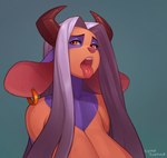 2015 anthro big_breasts blush bovid bovine breasts bust_portrait cattle cyancapsule ear_piercing female hair horn huge_breasts long_hair looking_at_viewer mammal open_mouth oral_invitation piercing pink_nose portrait presenting_mouth purple_body purple_hair purple_skin red_eyes rosie_(cyancapsule) simple_background solo teeth tongue tongue_out