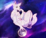 6:5 absurd_res anthro blacknewt canid canine canis feet female flat_chested fur green_eyes hand_on_planet hi_res huge_filesize lily_(atrumpet) looking_at_viewer mammal moon multi_nipple nipples pawpads paws pink_nipples soles solo space star tail toes white_body white_fur wolf