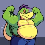 1:1 2024 alligator alligatorid anthro belly big_belly biped blush brok_(brok_the_investigator) brok_the_investigator clothed clothing cowcat_games crocodilian flexing gmzdrawsmen green_body hat headgear headwear hi_res male musclegut muscular overweight overweight_male reptile scalie solo tongue tongue_out topless