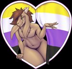 2020 anthro biped bovid caprine flag flag_(object) gesture goat green_eyes hair heart_symbol hi_res jakethegoat jakethegoat_(character) lgbt_pride long_ears looking_at_viewer male mammal navel nonbinary_(lore) nonbinary_pride_colors nude pride_color_flag pride_colors pride_heart short_hair solo suggestive_look