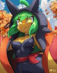 2024 anthro autumn autumn_leaves bare_shoulders black_clothing black_dress breasts clothed clothed_anthro clothed_female clothing collarbone cute_fangs dress female generation_9_pokemon green_hair hair hi_res legendary_pokemon nintendo ogerpon outside plant pokemon pokemon_(species) rilex_lenov solo tree waistband yellow_body yellow_eyes