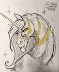 Rating: s
ID: 5536316
Date: 2025-04-28 14:06:50 -0400
Status: active
Score: 8
2025 alisian ambiguous_gender equid equine eyebrows eyelashes female_(lore) feral gold_(metal) gold_jewelry halter hi_res horn jewelry looking_at_viewer mammal mane mythological_creature mythological_equine mythology orange_eyes portrait signature sketch smile smirk solo sunny_way tongue tongue_out traditional_media_(artwork) unicorn post #5536316
