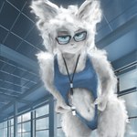 anthro clothing clothing_pull coach coy eyewear female fur glasses hi_res lagomorph lambbda looking_at_viewer mammal navel one-piece_swimsuit solo swimwear white_body white_fur