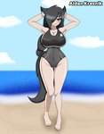 2021 aidan_kresnik animal_humanoid barefoot beach big_breasts black_hair blush breasts canid canid_humanoid canine canine_humanoid cleavage clothed clothing curvy_figure feet female green_eyes hair hair_over_eye hands_behind_head hi_res huge_breasts humanoid inner_ear_fluff long_hair mammal mammal_humanoid one-piece_swimsuit one_eye_obstructed ponytail sand seashore seaside signature smile smiling_at_viewer swimwear thick_thighs thigh_gap tuft voluptuous wide_hips wolf_ears wolf_humanoid wolf_tail