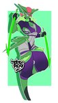 5_fingers anthro breasts clothing eyewear female fingers future_pokemon generation_9_pokemon glasses green_body iron_leaves legwear melee_weapon nintendo paradox_pokemon pokemon pokemon_(species) polearm purple_clothing red_eyes simple_background solo spear tattoorexy thong underwear weapon