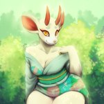 1:1 animal_crossing anthro asian_clothing biped bovid breasts caprine cleavage clothed clothing dragon-chan east_asian_clothing female goat japanese_clothing kimono looking_at_viewer mammal nintendo outside pupils shino_(animal_crossing) smile solo teeth thick_thighs yellow_eyes