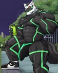 abs anthro armor big_bulge black_body bodysuit bulge canid canine canis clothing detailed_bulge domestic_dog genital_outline green_eyes hi_res husky jockstrap lifewonders live_a_hero male mammal monomasa muscular muscular_anthro muscular_male nordic_sled_dog pecs penis_outline red_sclera skinsuit solo spitz supervillain tight_clothing underwear wolfblack43