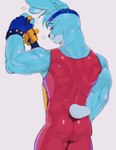 2023 absurd_res anthro back_muscles biceps blue_body blue_fur blue_hair buckteeth butt clothed clothing digital_media_(artwork) ear_piercing ear_ring eyebrows fingerless_gloves five_nights_at_freddy's fully_clothed fur glamrock_bonnie_(fnaf) gloves guitar hair half-closed_eyes handwear hi_res kogito lagomorph leporid male mammal muscular muscular_anthro muscular_male musical_instrument narrowed_eyes piercing plucked_string_instrument rabbit rear_view red_eyes ring_piercing scottgames smile solo string_instrument sweatband teeth