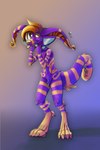 2:3 anthro blonde_hair cone_of_shame crux digitigrade drqube hair hi_res long_ears long_tail male markings medical_instrument purple_body scientific_instrument sketch solo tail unfinished yellow_eyes yellow_markings