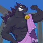 1:1 2024 altergott anthro clothing disney disney's_hercules flexing godzilla godzilla_(series) hi_res kaiju lizard male manly muscular reptile robe scalie smile solo toho zeus_(disney) zeuszilla