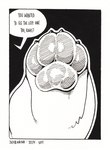 2024 4_toes ambiguous_gender ambiguous_species black_and_white black_background border close-up cross-hatching dated dialogue english_text feet foot_fetish foot_focus hatching_(art) hi_res inktober male_(lore) mammal monochrome offscreen_character pawpads pen_(artwork) question_mark shaded simple_background solo speech_bubble text thezestiestbone toes traditional_media_(artwork) white_border zesty_(zestibone)