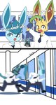 2022 anthro burgerkiss canid canine clothing comic conditional_dnp dialogue digital_media_(artwork) eeveelution english_text eyebrows eyes_closed generation_4_pokemon glaceon hi_res humor leafeon lucario mammal meme nintendo pokemon pokemon_(species) school_uniform text two_soyjaks_pointing uniform