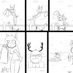 1:1 :3 annoyed anthro antlers bent_over bottomwear breasts clothed clothing comic deer duo female frown fully_clothed holding_bottomwear holding_clothing holding_object holding_shorts horn keep_away lagomorph lake leporid male mammal monochrome on_one_leg open_mouth open_smile outside pants pier prank rabbit scut_tail seaside shirt short_tail shorts slypon smile standing tail teasing topwear unimpressed water