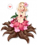 accessory alraune amber_eyes blonde_hair breasts elemental_creature european_mythology female flora_fauna flower flower_in_hair hair hair_accessory heart_symbol humanoid looking_at_viewer monster_girl_(genre) mythology navel petals plant ringo_yuyu simple_background solo split_form white_background