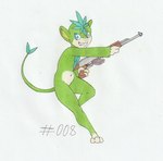 2024 3_toes action_pose ak-47 ak_platform anthro assault_rifle blue_eyes colored_pencil_(artwork) featureless_crotch feet female flat_chested foxydraws green_body gun hi_res holding_gun holding_object holding_ranged_weapon holding_rifle holding_weapon leaf leaf_on_head mammal nude pal_(species) palworld pocketpair pose primate ranged_weapon rifle running simple_background smile solo tanzee toes traditional_media_(artwork) weapon white_background