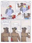 3:4 anthro avian bear bird burrito butt cheech clothed clothing comic curt_(rainyatsu) dialogue english_text food hi_res holding_knife holding_object humor hyena knife male mammal muscular nipples notched_ear open_mouth polar_bear profanity rain-yatsu spotted_hyena text topless trans_(lore) trans_man_(lore) ursine weapon yellow_sclera