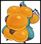 anthro avian balls belly big_balls big_belly big_moobs big_penis blue_body blue_feathers blush breath_of_the_wild feathers fuzzychicken genitals gesture hand_on_belly hi_res kass_(tloz) male moobs navel nintendo obese obese_male outie_navel overweight overweight_male penis rito slightly_chubby slightly_chubby_male solo the_legend_of_zelda waving wide_stance yellow_belly