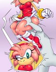 accessory amy_rose anonymous anthro big_breasts bodily_fluids boots bracelet breasts clothing dress duo eulipotyphlan face_in_crotch facesitting featureless_face female footwear gloves hair_accessory hairband handwear hedgehog hi_res human jewelry male male/female mammal panties sega shoes sitting_on_another sonic_the_hedgehog_(series) sweat thick_thighs thmii underwear