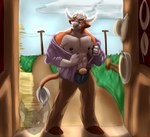 anthro athletic barn boots bovid bovine cattle clothing cowboy cowboy_boots cowboy_hat cowboy_outfit footwear hat headgear headwear inside leggings legwear male mammal montana_bull ranch rancher rope shirtless_male shoes solo tiomara