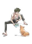 barefoot canid canine canis cowboy_bebop domestic_dog duo ein_(cowboy_bebop) feet food herding_dog hi_res human laurannorr male male/male mammal pastoral_dog simple_background spike_spiegel welsh_corgi white_background