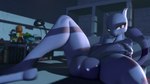 16:9 3d_(artwork) anthro balls bed bluejuicyjuice book bookshelf brick_wall digital_media_(artwork) eyelashes femboy furniture generation_1_pokemon genitals half-erect hi_res humanoid_genitalia humanoid_penis inside knightsfm lamp legendary_pokemon looking_at_viewer male mewtwo night nintendo on_bed penis penis_on_thighs plushie pokemon pokemon_(species) relaxing solo tail wall_(structure) widescreen