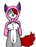 anthro areola black_nose clothing female fur green_eyes grey_body grey_fur hoodie meme meme_clothing mostly_nude nipples one_eye_obstructed pink_clothing pink_nipples purple_ears red_body red_fur rockfox rocky_(rockfox) simple_background smile solo tongue tongue_out topwear twitter_hoodie white_background white_body white_fur