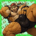 1:1 2024 abs anthro areola armband barazoku biceps big_bulge big_muscles border bowser bracelet bulge claws clothed clothing collar detailed_bulge eyebrows fungus green_background green_border hair hand_behind_head hand_on_bulge hi_res horn huge_bulge huge_muscles jewelry koopa looking_at_viewer lt0 lying male mario_bros muscular muscular_anthro muscular_male mushroom nintendo nipples non-mammal_nipples obliques on_back pattern_background pecs quads scalie seductive serratus shell simple_background smile solo spiked_armband spiked_bracelet spiked_collar spiked_shell spikes spikes_(anatomy) thick_arms thick_thighs topless topless_anthro topless_male underwear underwear_only