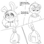 1:1 accessory anthro backpack bow_accessory bow_ribbon canid canine classroom clothing collar duo english_text female hair_accessory hi_res hoodie lagomorph leporid male male/female mammal monochrome rabbit school sexykid text topwear young young_anthro