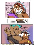 3:4 adondis ailurid anthro arm_grab canid canine canis comic damien_(adondis) dialogue domestic_dog duo ear_piercing hand_on_face happy highlights_(coloring) industrial_piercing joel_(adondis) kissing love male male/male mammal passionate piercing red_panda romantic smile text