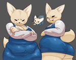 2024 aggretsuko anthro belly belly_overhang big_butt biped blue_clothing blush bodily_fluids bottomwear breasts butt canid canine cleavage clothed clothing crossed_arms digital_drawing_(artwork) digital_media_(artwork) female fennec_fox fenneko fox front_view fur furgonomics grey_background hi_res huge_hips kitapult looking_at_viewer looking_back looking_back_at_viewer love_handles mammal mature_female medium_breasts multiple_angles narrowed_eyes navel_outline office_lady open_mouth overweight overweight_anthro overweight_female pencil_skirt portrait rear_view reference_image sanrio shirt simple_background skirt smile solo standing sweat sweatdrop sweaty_legs sweaty_thighs tail tan_body tan_fur thick_thighs three-quarter_portrait tight_clothing topwear true_fox underbutt wide_hips