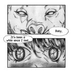 1:1 ambiguous_gender anthro baby_(soysoakedjelly) bangs blush close-up comic dialogue domestic_pig duo english_text facial_scar human mammal monochrome scar scissors snout soysoakedjelly speech_bubble suid suina sus_(pig) text ugo_(soysoakedjelly)