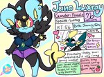 5_fingers anthro black_body black_fur black_hair blue_body bottomwear clothing evolutionary_stone female fingers fur generation_4_pokemon generation_7_pokemon grey_body grey_fur hair hi_res juno_(lewdchuu) legendary_pokemon lewdchuu_(artist) luxray male model_sheet nintendo pink_eyes plasma_(rockpup241) pokemon pokemon_(species) shiny_pokemon shirt shorts solo star tail thunder_stone topwear yellow_eyes zeraora