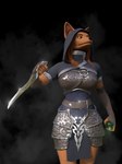 3d_(artwork) absurd_res anthro armor assassin bottle canid canine clothing container dagger digital_media_(artwork) fantasy fantasy_weapon female fox hi_res hood lapushis mammal melee_weapon pattern_clothing poison raised_arm solo weapon