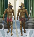 2023 5_fingers 5_toes abs altered_reflection anthro armor athletic athletic_anthro athletic_male backwards_baseball_cap backwards_hat barefoot baseball_cap black_nose black_pawpads bottomwear brown_body brown_fur bulge canid canine canis claws clothed clothing digital_media_(artwork) domestic_dog ears_through_headwear facial_hair feet fingers footwear fur goatee hat headgear headwear helmet herding_dog holding_clothing holding_melee_weapon holding_object holding_shirt holding_sword holding_tank_top holding_topwear holding_weapon humanoid_feet humanoid_hands jacob_caesari leather leather_armor looking_at_reflection male malinois_dog mammal melee_weapon mirror navel nipples pastoral_dog pawpads plantigrade pteruges pubes reflection sampsonwoof sandals sheepdog shirt shoes shorts solo standing story story_in_description sword tank_top teeth text toe_claws toes tongue topless topless_anthro topless_male topwear weapon yellow_eyes