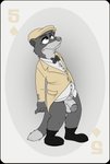 anthro balls belly big_penis black_tie_(suit) blacksad bottomless bow_tie cabbie_hat card card_template circumcised clothed clothing coat digital_media_(artwork) eye_roll five_of_spades flaccid footwear fur genitals half-closed_eyes hat headgear headwear hi_res humanoid_genitalia humanoid_penis male mammal mustelid musteline narrowed_eyes neenya penis playing_card playing_card_template restricted_palette shirt shoes simple_background solo spades_(suit) standing suit suit_symbol tailcoat topwear true_musteline weasel weekly