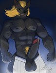 abs absurd_res anthro atlus balls black_body black_fur black_sclera blonde_hair bodily_fluids body_hair canid canine canis chest_hair clothed clothing digital_media_(artwork) erection fur genital_fluids genitals glans hair hi_res humanoid_genitalia humanoid_penis loup-garou_(megami_tensei) luceneko male mammal megami_tensei muscular muscular_anthro muscular_male mythological_canine mythological_creature mythology nipples pants_only pecs penis precum pubes sega shin_megami_tensei_v simple_background solo topless were werecanid werecanine werewolf wolf yellow_eyes