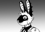 2023 anthro black_and_white bodypaint ear_piercing face_paint fallout female gradient_background hi_res hladilnik industrial_piercing janice_(hladilnik) lagomorph leporid mammal microsoft monochrome piercing rabbit raider_(fallout) simple_background solo