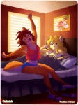 anthro barefoot bed big_breasts blonde_hair breasts brown_eyes brown_hair callanish clothing cream_(miu) digital_media_(artwork) duo feet female footwear fur furniture hair hindpaw mammal on_bed orange_body orange_fur paws peaches_(miu) plantigrade rodent sciurid shoes slippers stretching tail tree_squirrel under_covers