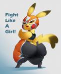 2019 absurd_res bedroom_eyes big_butt bodily_fluids butt cleft_tail clothed clothing cosplay_pikachu_(character) cosplay_pikachu_(costume) costume digital_media_(artwork) english_text female forastero generation_1_pokemon half-closed_eyes hi_res huge_butt huge_thighs looking_back mammal narrowed_eyes nintendo open_mouth open_smile overweight overweight_female pikachu pikachu_libre pokemon pokemon_(species) rear_view rodent seductive short_stack smile solo standing sweat sweat_stain tail text thick_thighs wide_hips