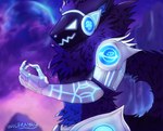 anthro armor bionic blue_body blue_eyes blue_fur colored cybernetics cyborg digital_drawing_(artwork) digital_media_(artwork) fluffy fluffy_tail fur glowing half-length_portrait hi_res machine male portrait protogen protogen_visor purple_body purple_fur robot robot_arm shaded solo tail visor wolfrayay