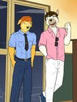 3:4 anthro belt bottomwear canid canine canis clothed clothing collared_shirt domestic_dog duo eyewear fully_clothed fuze hi_res male mammal necktie pants sunglasses sunglasses_on_shirt tie_clip wolfgang_(fuze)