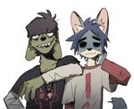 2024 2d_(gorillaz) alternate_species anthro axian6777 biped black_eyes blue_body blue_fur blue_hair canid canine canis clothed clothed_anthro clothed_male clothing digital_drawing_(artwork) digital_media_(artwork) domestic_dog duo empty_eyes fur gorillaz green_body green_fur hair hi_res male male_anthro mammal mouth_closed murdoc_niccals sharp_teeth shirt simple_background slim_anthro slim_male smile teeth topwear white_body white_fur