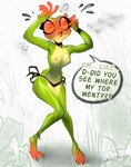 absurd_res amphibian anthro bikini bikini_bottom clothing dialogue embarrassed english_text frog hi_res solo speech_bubble swimwear text two-piece_swimsuit wardrobe_malfunction zoquete