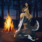 2022 african_wild_dog anthro bedroom_eyes black_body black_pawpads blush butt canid canine detailed_background digital_media_(artwork) fire fur hi_res jackson_(tndoggo) juneaupaws kneeling looking_back male mammal multicolored_body multicolored_fur narrowed_eyes nature nature_background nude orange_eyes pawpads paws presenting presenting_hindquarters raised_tail seductive solo tail