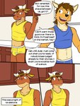 3:4 anthro backwards_baseball_cap backwards_hat baseball_cap blue_clothing blue_shirt blue_tank_top blue_topwear blue_underwear bovid bovine briefs bulge canid canine canis cattle clothed clothing colored_seam_underwear comic coyote crop_top detailed_bulge dialogue duo english_text fuze hat headgear headwear hi_res male mammal midriff mond_reyes navel pantsless shirt tank_top texnatsu text topwear ty_conrad underwear white_seam_briefs white_seam_underwear yellow_briefs yellow_clothing yellow_shirt yellow_tank_top yellow_topwear yellow_underwear