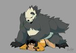 2021 anal anal_penetration anthro anthro_penetrating anthro_penetrating_human baraking bear belly black_body black_hair black_nose blush bottomless clothed clothing duo from_behind_position generation_6_pokemon giant_panda hair hand_on_head hi_res human human_on_anthro human_penetrated interspecies male male/male mammal musclegut muscular nintendo nude overweight overweight_anthro overweight_male pangoro penetration pinned pokemon pokemon_(species) pokephilia prone_bone_position sex simple_background speed_bump_position white_body