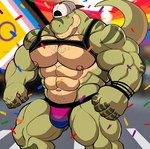 absurd_res anthro backwards_baseball_cap backwards_hat baseball_cap big_muscles bulge clothing darknaigart dinosaur flag green_body hat headgear headwear hi_res jace_(darknaig) lgbt_pride lgbt_pride_month male mostly_nude muscular muscular_anthro muscular_male muscular_thighs nipples pec prehistoric_species reptile scalie solo speedo swimwear theropod tyrannosaurid tyrannosauroid tyrannosaurus tyrannosaurus_rex